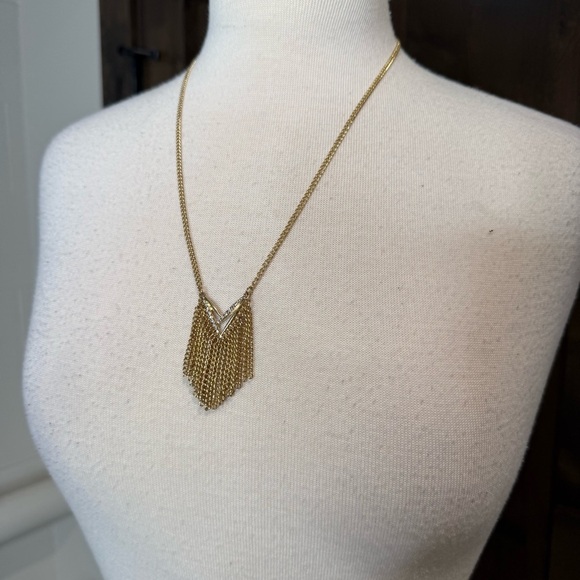 Gold Geometric Chevron Necklace with chain Fringe embezzled CZ stones - Picture 1 of 5